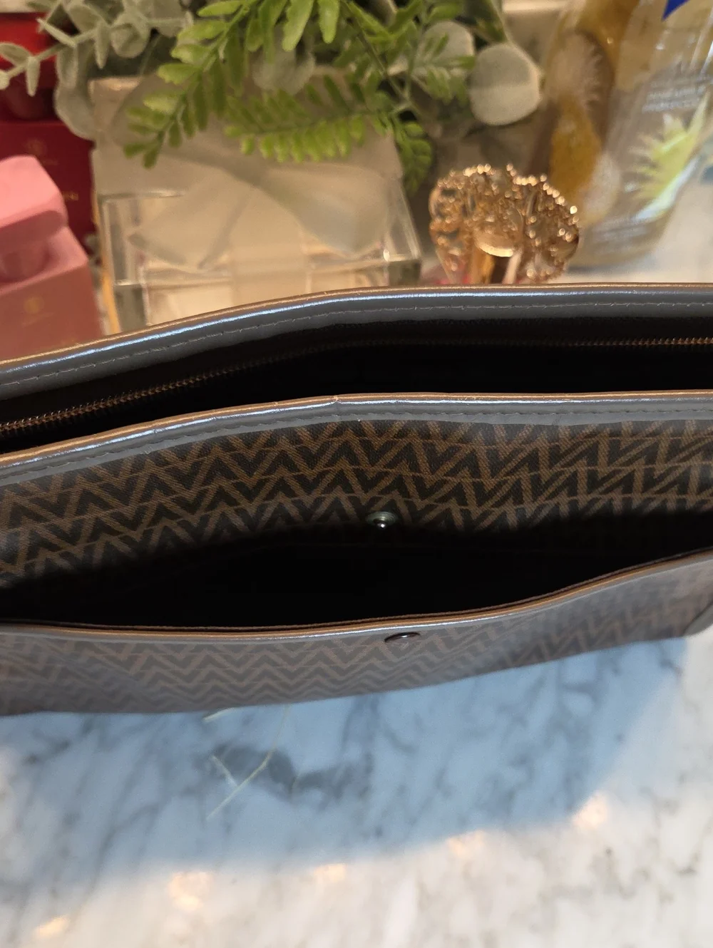 Mario Valentino Brown and Gold Logo Plaque Tote, Matching Cosmetic Pouch EUC